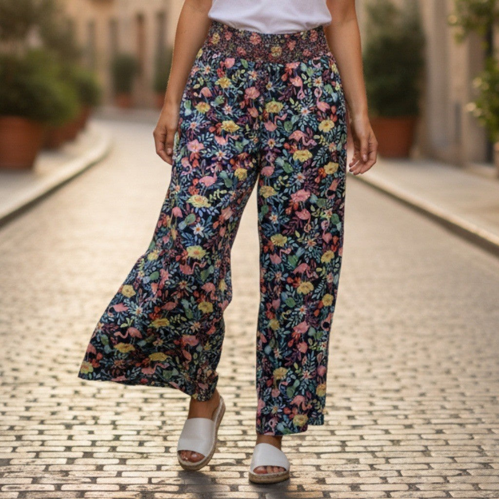 Secret Treasures Blue Floral Wide Leg Boho Pull On Trousers Pant XL Extra Large