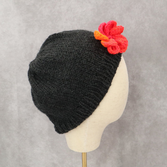 Black Floral Multi Color Cable Knit Crochet Cozy Cottage Beanie Hat Cap OS