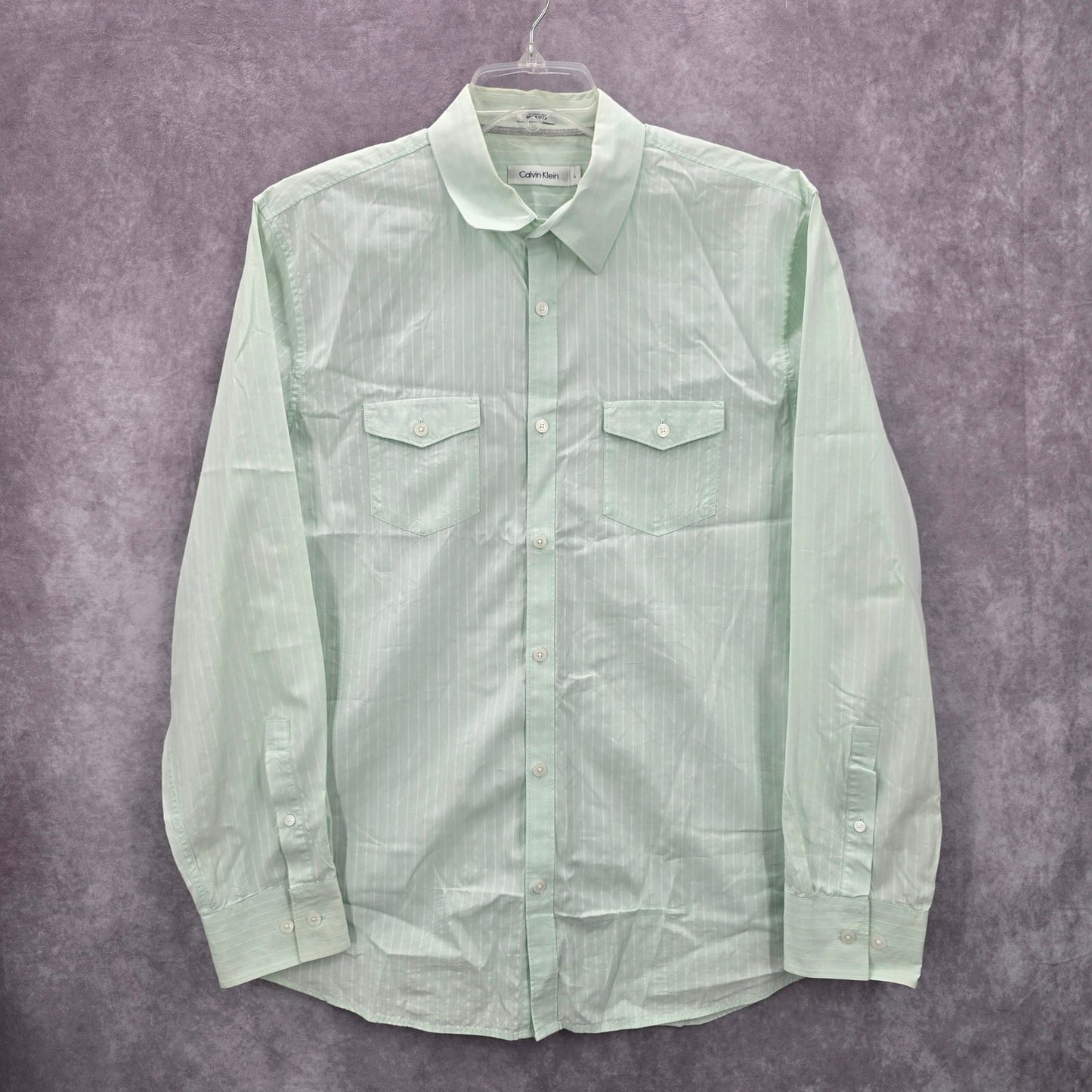 Calvin Klein Mens Green Button Down Long Sleeve Stripe Cotton Dress Shirt Large