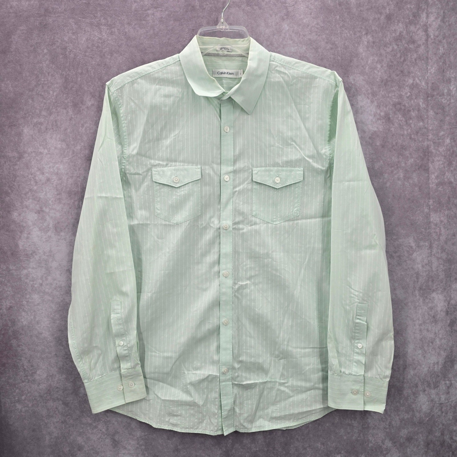 Calvin Klein Mens Green Button Down Long Sleeve Stripe Cotton Dress Shirt Large