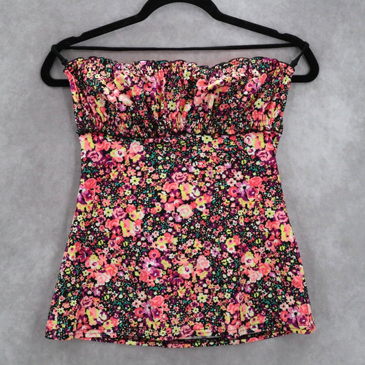 Arizona Black Floral Smock Ruffle Halter Tie Swim Boho Beach Tankini Top S Small