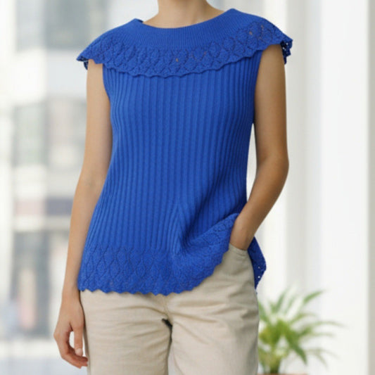 Fiorlini International Blue Sleeveless Knit Top Scallop Hem Lace Vintage 22/24