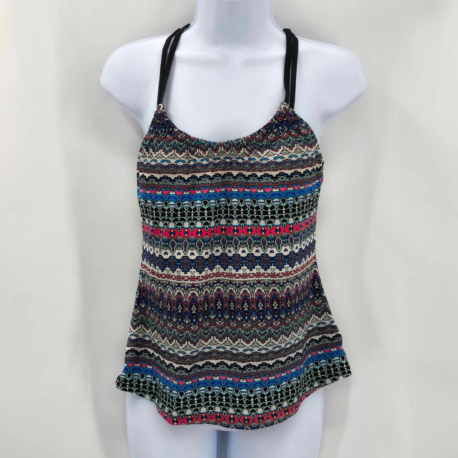 Black Flower Tankini Swimsuit Swimwear Halter Top Padded Bra Size M