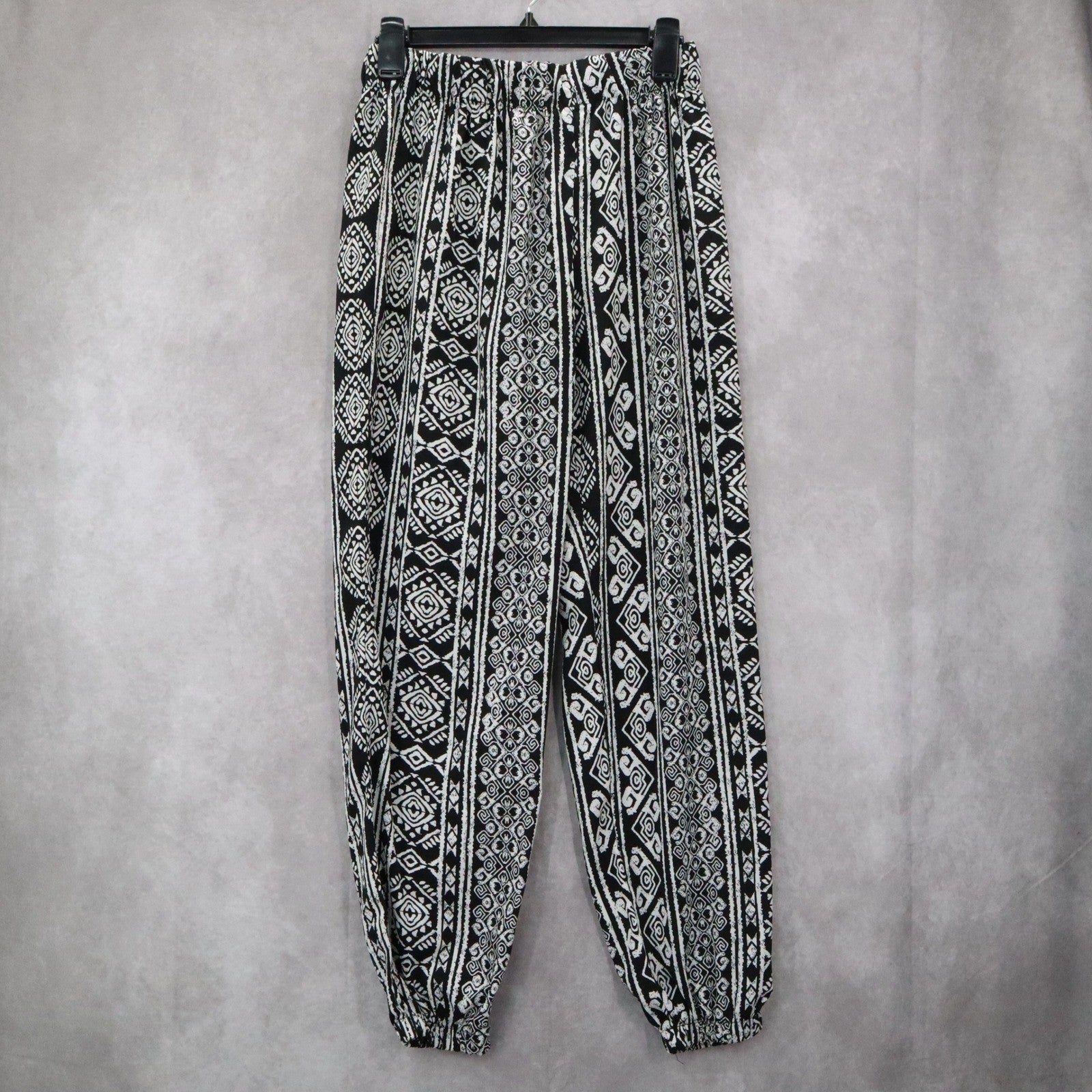 Ambiance Apparel Black White Harem Boho Geometric Print Tapered Pants L Large
