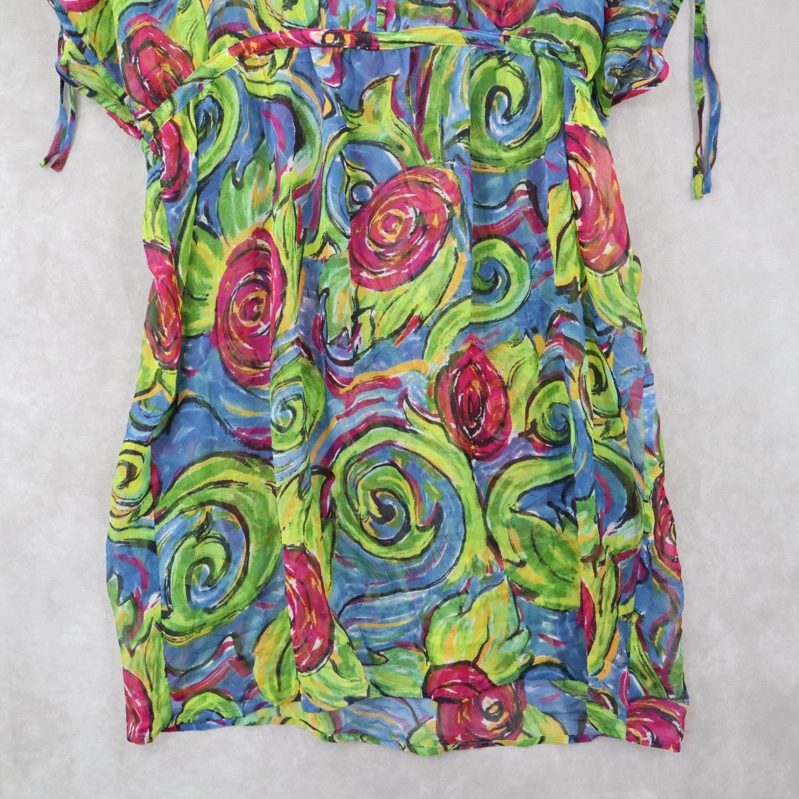 Boho Floral Swirl Sheer Festival Beach VTG Colorful Tunic Cover Up Dress L Large