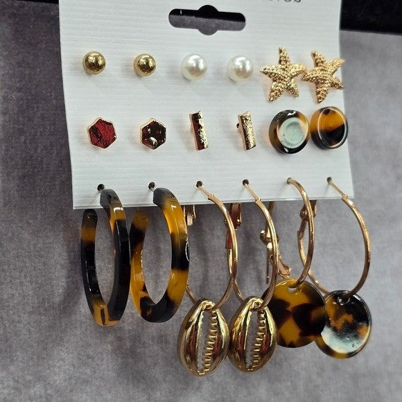 Hoop Stud Dangle Brown Gold Set of 9 Earrings Fashion Jewelry JB2-48