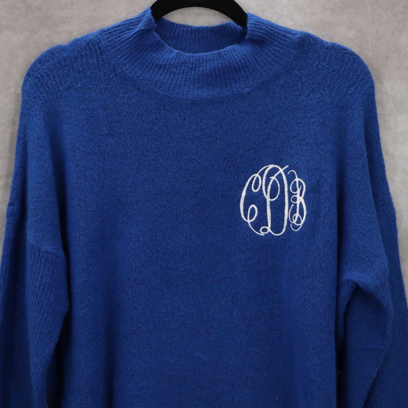 Time and Tru Blue Embroidered Initials Pullover Funnel Mock Neck Sweater Small