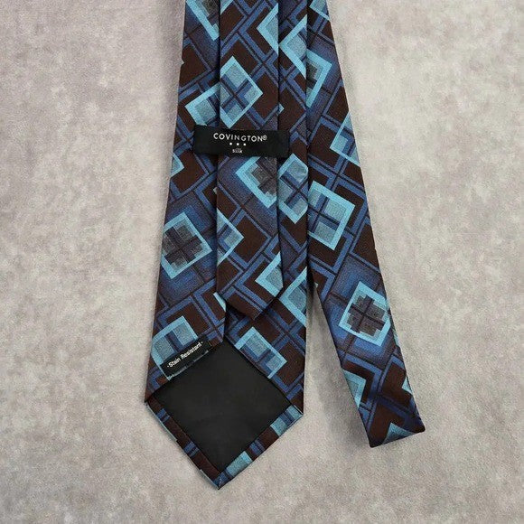 Covington Blue Brown Geometric Square Silk Executive Neck Tie Men's