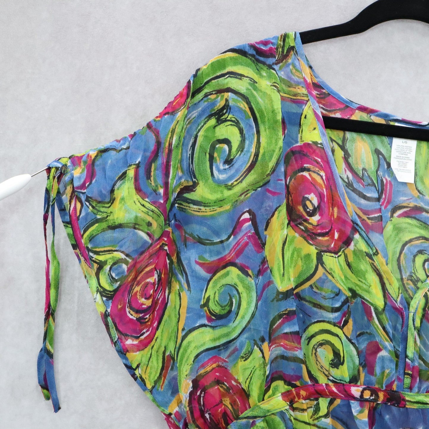 Boho Floral Swirl Sheer Festival Beach VTG Colorful Tunic Cover Up Dress L Large