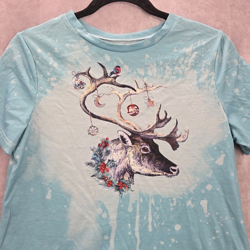 Blue Reindeer Moose Christmas Holoday Festive Print Tshirt Top Small