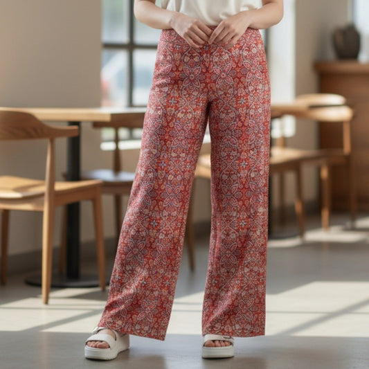 Helen Jon Red Floral Stretch Boho Wide Leg Trouser Paisley Pants S Small