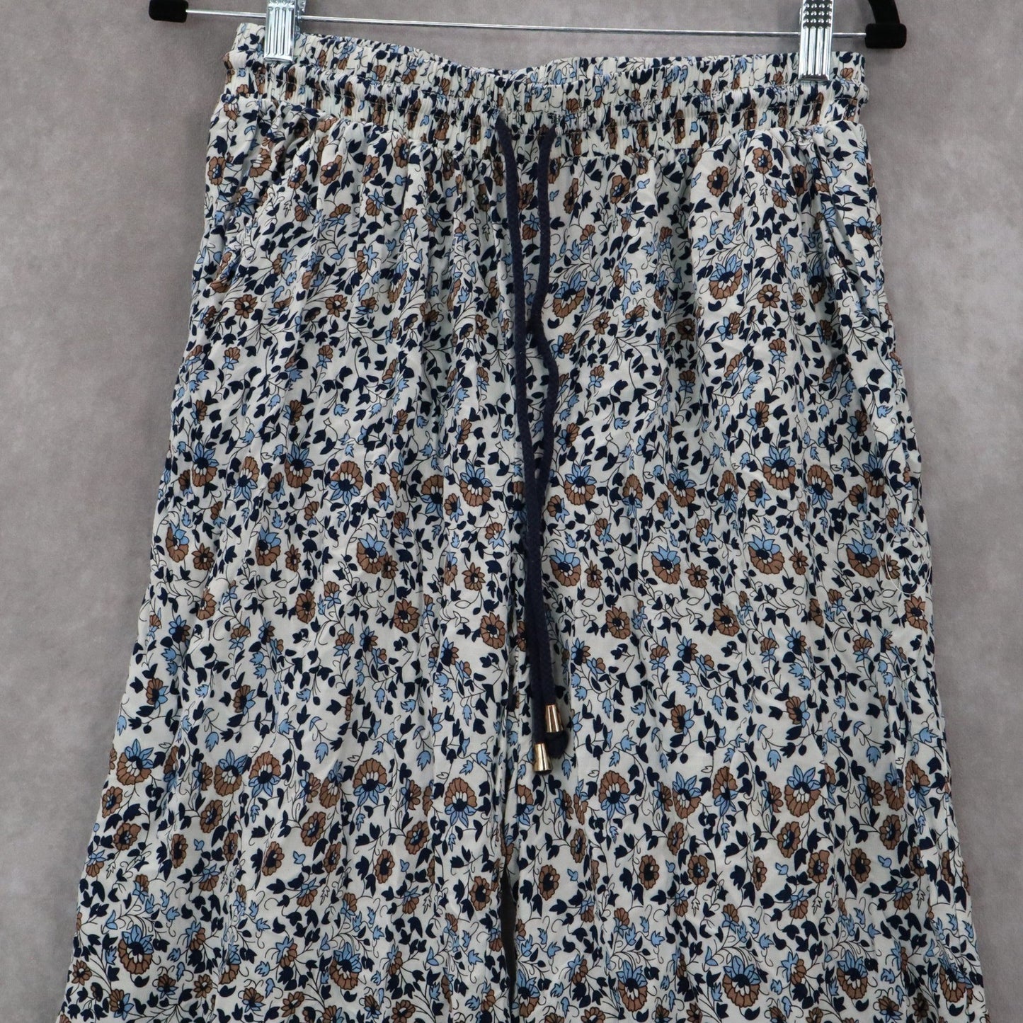 Indero Blue Floral Wide Leg Boho Pull On Straight Leg Trousers Pant L/XL
