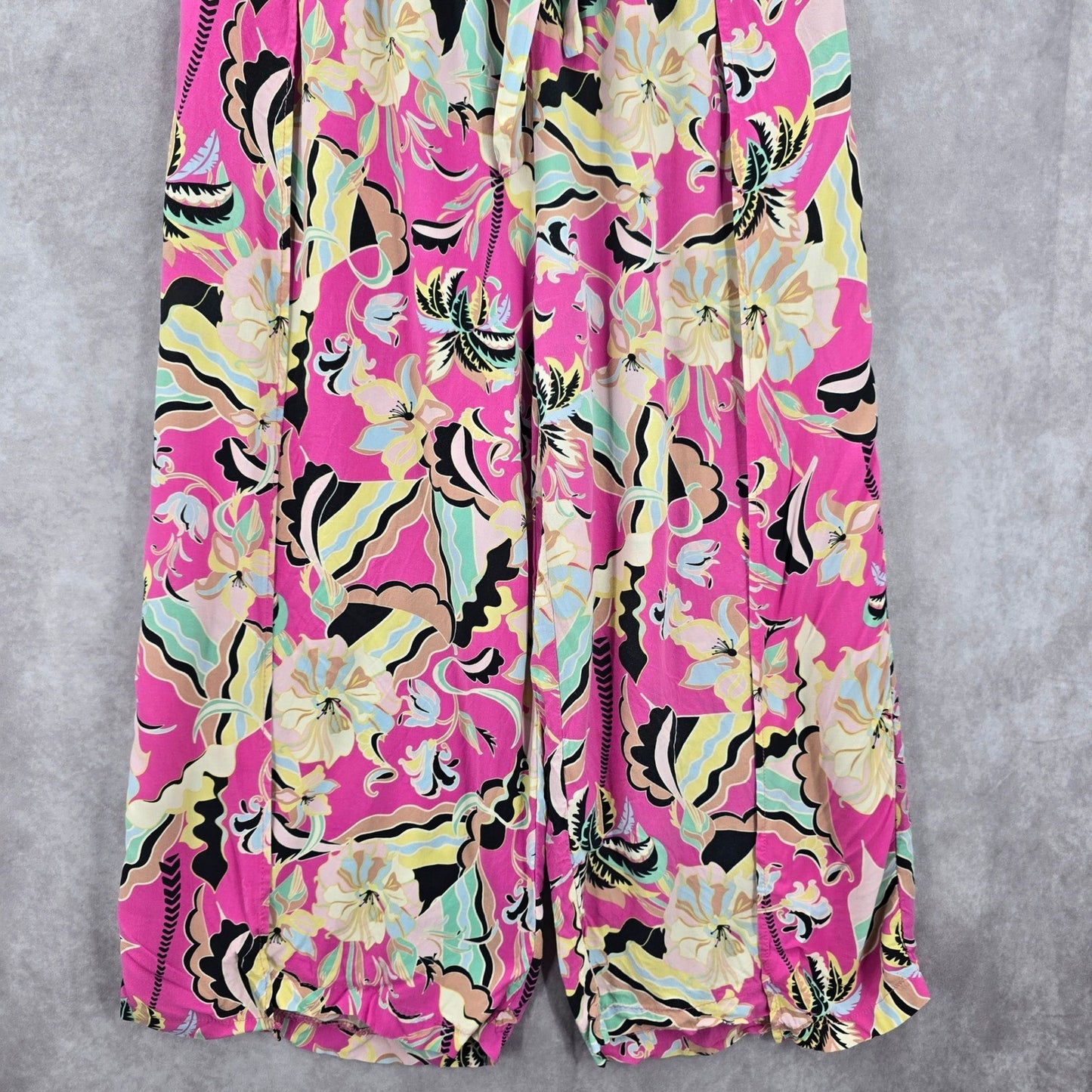 New Look Pink Floral Elastic Crop Belt Beach Boho Wide Leg Pants Trousers XL