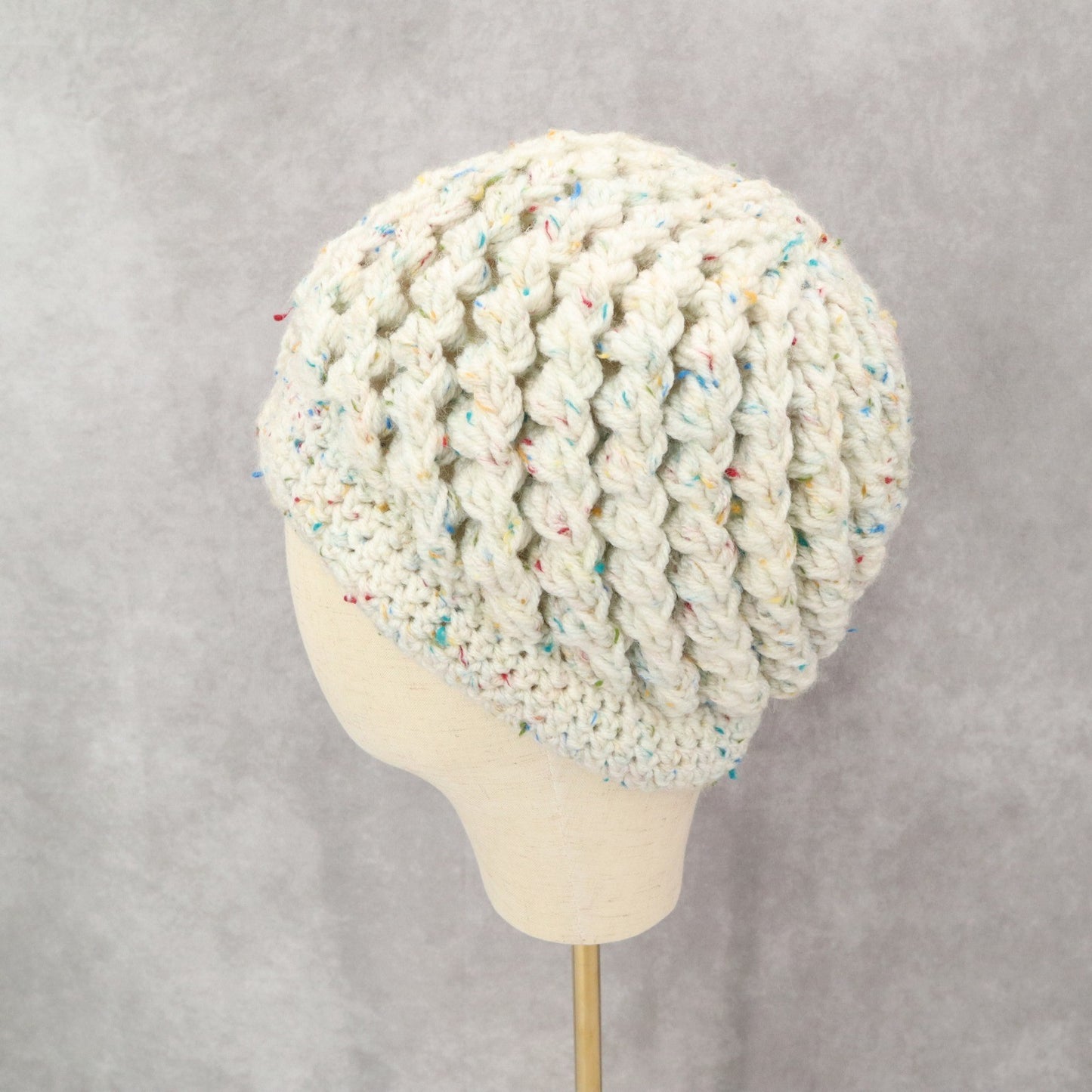 White Multi Cable Knit Flower Button Y2K Vintage Beanie Cap Hat