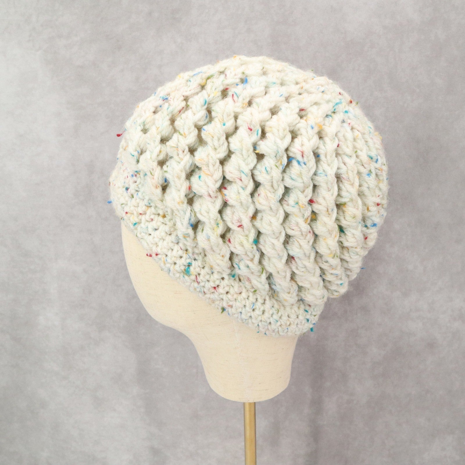 White Multi Cable Knit Flower Button Y2K Vintage Beanie Cap Hat