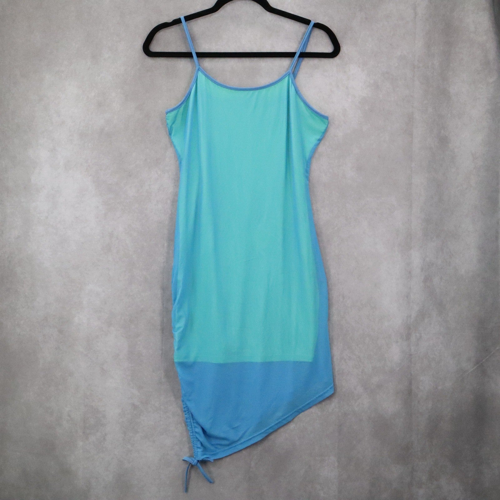 Blue Neon Bodycon Dress Spaghetti Strap Asymmetrical Hem Mesh Ruched Side Small