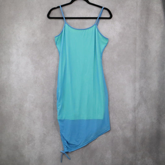 Blue Neon Bodycon Dress Spaghetti Strap Asymmetrical Hem Mesh Ruched Side Small