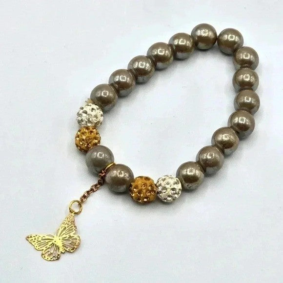 Bead Elastic Butterfly Charm Gray Fashion Boho Retro Jewelry Bracelet B11