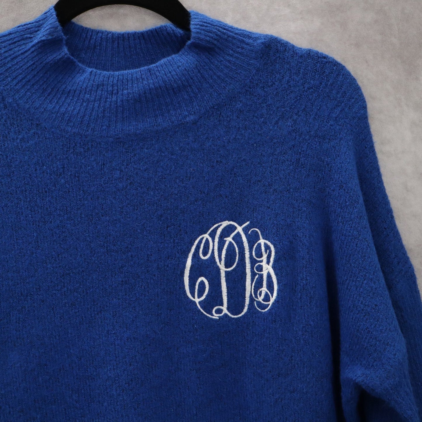 Time and Tru Blue Embroidered Initials Pullover Funnel Mock Neck Sweater Small