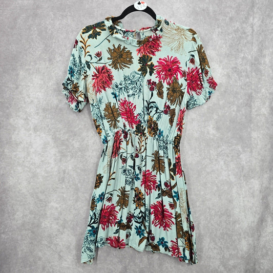 Blue Floral Ruffle Short Sleeve Flare Boho Knee Length Dress Small