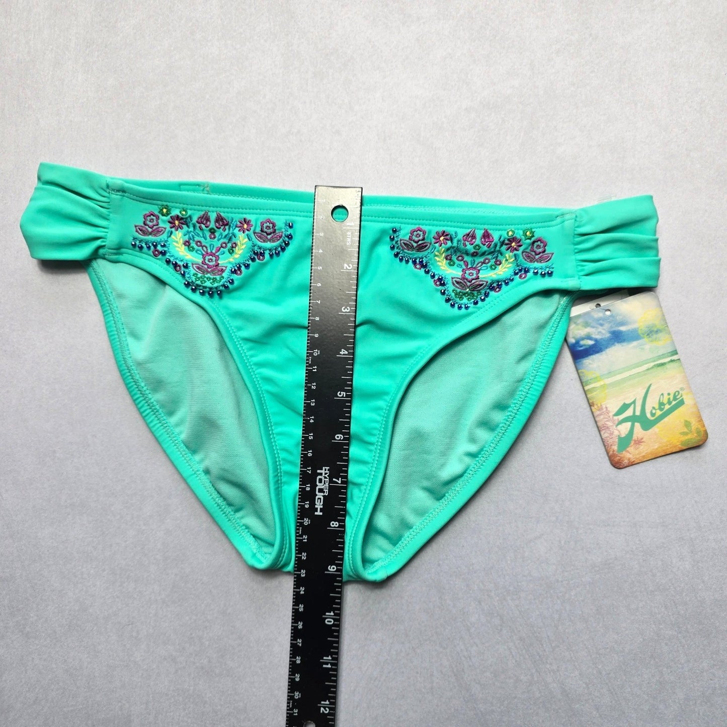 Hobie Green Bead Embroidered Floral Swim Beach Flirty Boho Bikini Bottom Large