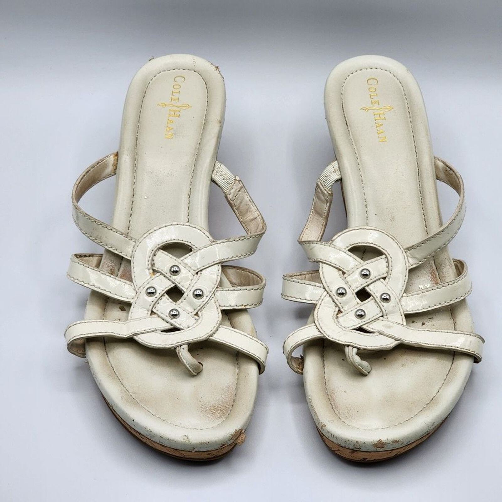 Cole Haan White Heels open Toe Slide Cork Leather Sandals Size 7.5B