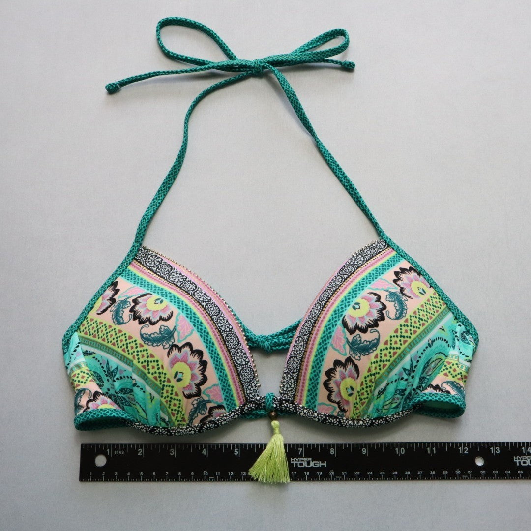 Green Floral Padded Tie Gold Bead Tassel Swim Sports Bra Bralette Bikini Top 34C