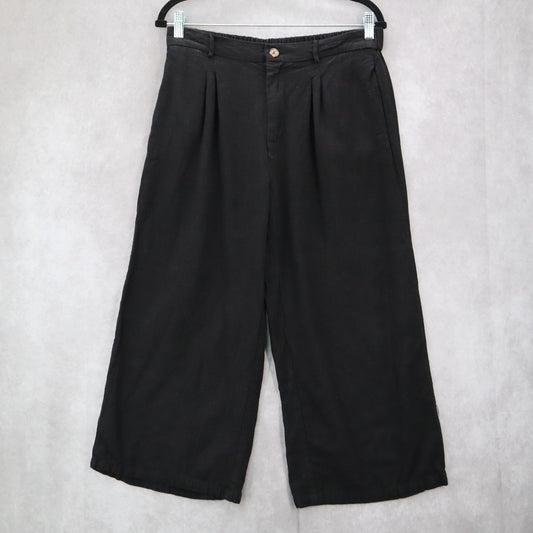 Black Cropped Wide Leg Pleated Belted Preppy Straight Leg Trousers Pant L Large