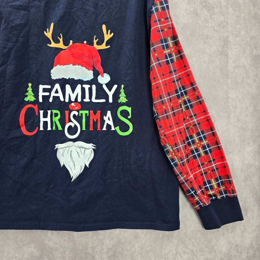 Blue Christmas Family Santa Reindeer Holiday Festive Print Plaid Top Medium