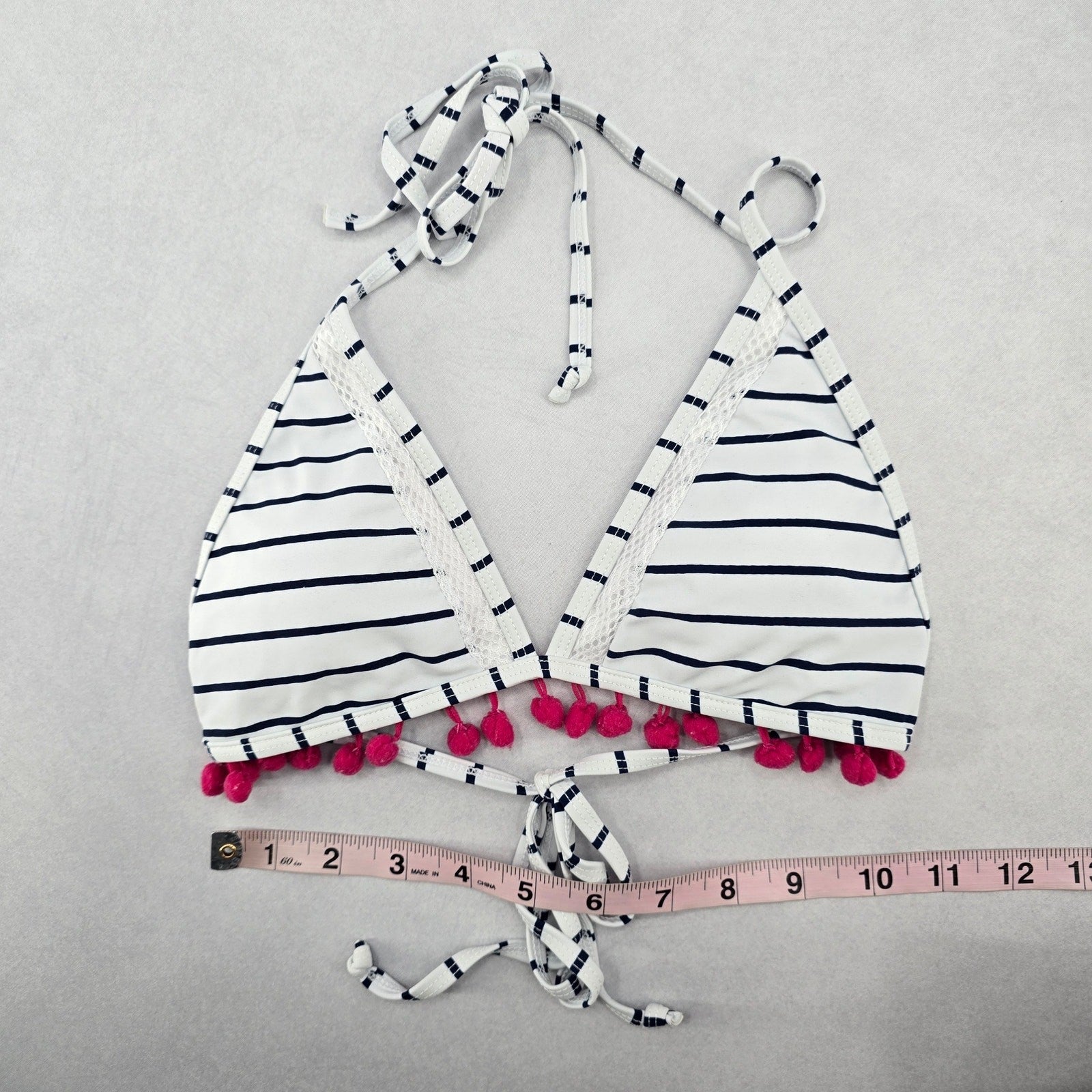 White Stripe Boho Pink Halter Tie Swim Sports Bra Beach Bikini Top M Medium