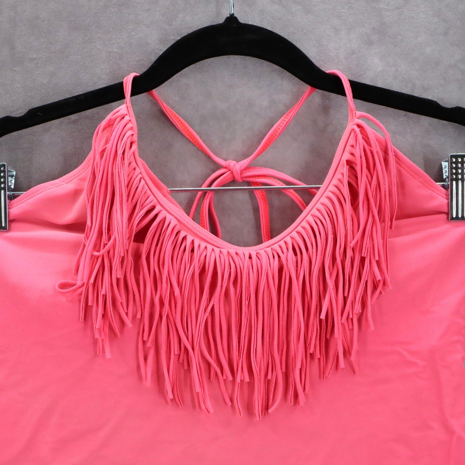 Pink Fringe Boho Halter Tie Bikini Tankini Beach Flirty Swim Top S Small