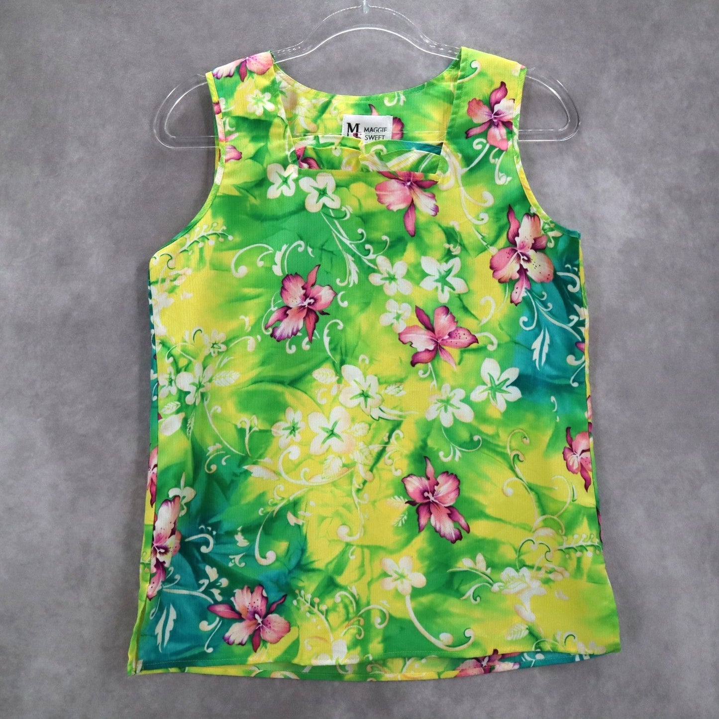 Maggie Sweet Yellow Green Floral Preppy Flirty Sleeveless Blouse Top S Small