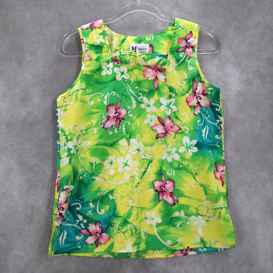 Maggie Sweet Yellow Green Floral Preppy Flirty Sleeveless Blouse Top S Small