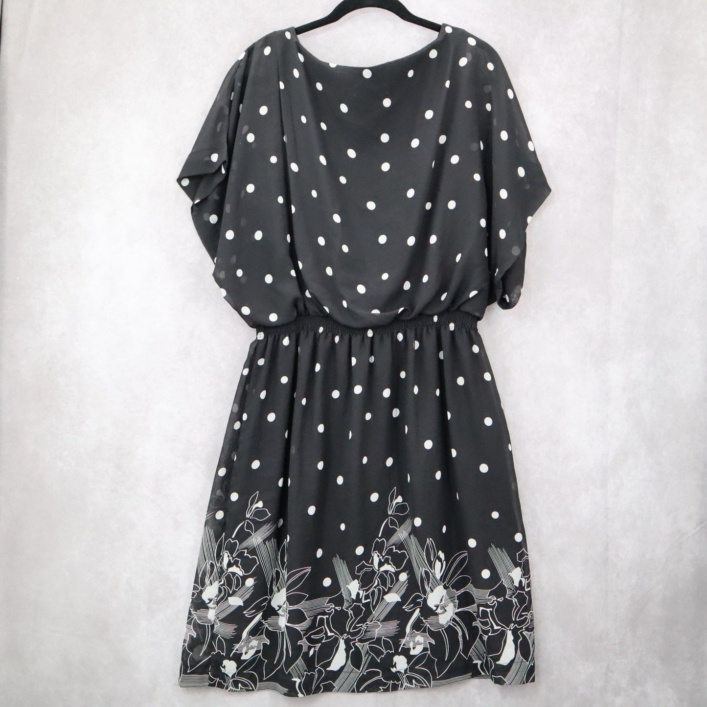 Shelby & Palmer Black Polka Dot Midi Dress Floral Elastic Flare Boho Casual 14W