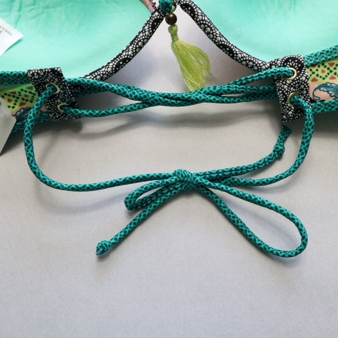 Green Floral Padded Tie Gold Bead Tassel Swim Sports Bra Bralette Bikini Top 34C