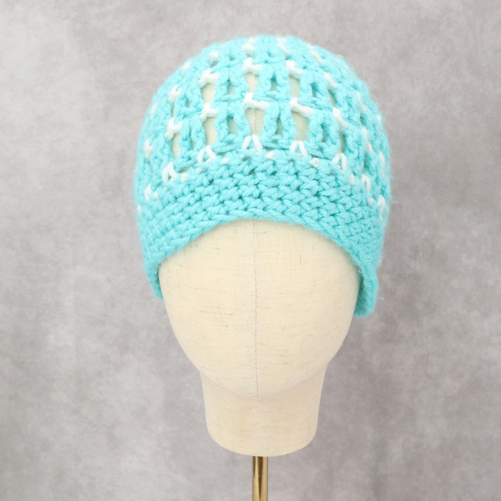 Blue Cable Knit White Handmade Y2K Vintage Cozy Winter Beanie Cap Hat