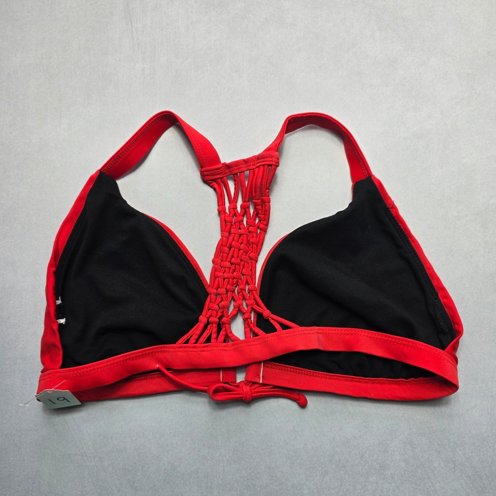 Red Crochet Tie Boho Racerback Swim Sports Bra Beach Bralette Bikini Top L Large