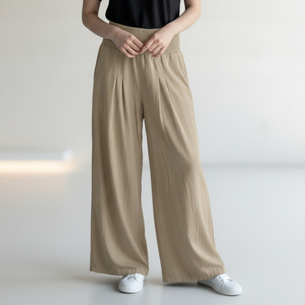 Beige Wide Leg Pants Smocked Waist Boho Palazzo Casual Trousers Pull On Medium
