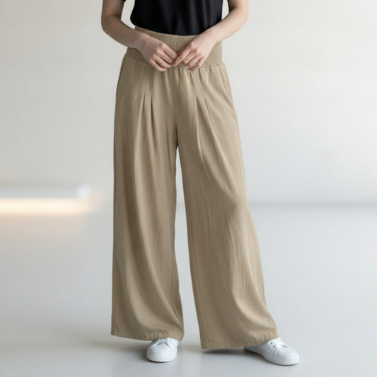Beige Wide Leg Pants Smocked Waist Boho Palazzo Casual Trousers Pull On Medium