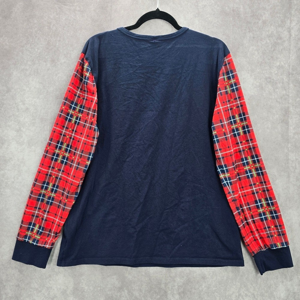 Blue Christmas Family Santa Reindeer Holiday Festive Print Plaid Top Medium