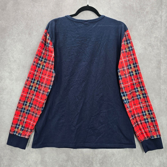 Blue Christmas Family Santa Reindeer Holiday Festive Print Plaid Top Medium