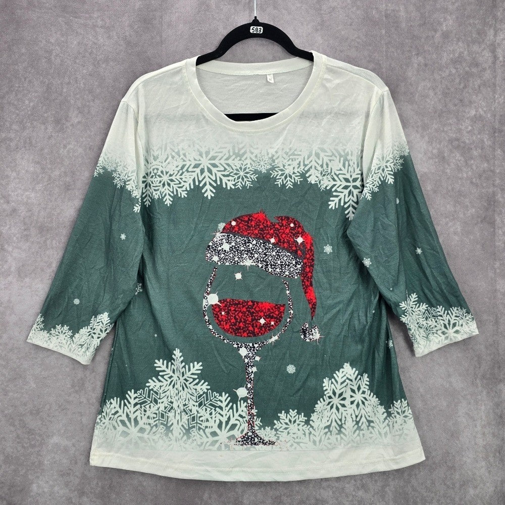 Green Snow Flake Wine Santa Cozy Vibe Christmas Print Top Medium