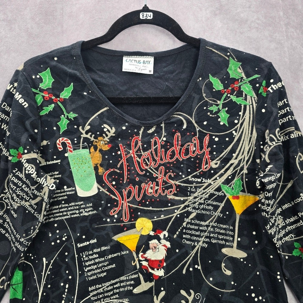Cactus Bay Black Christmas Holiday Festival Y2K VTG Artsy Print Top Medium