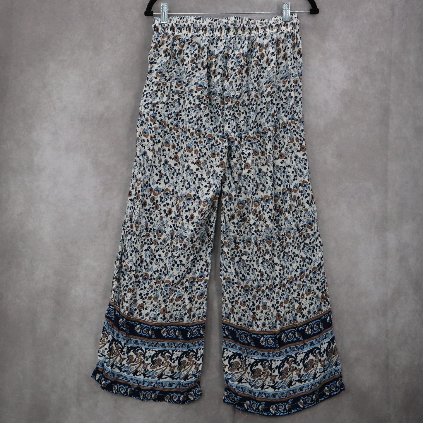 Indero Blue Floral Wide Leg Boho Pull On Straight Leg Trousers Pant L/XL