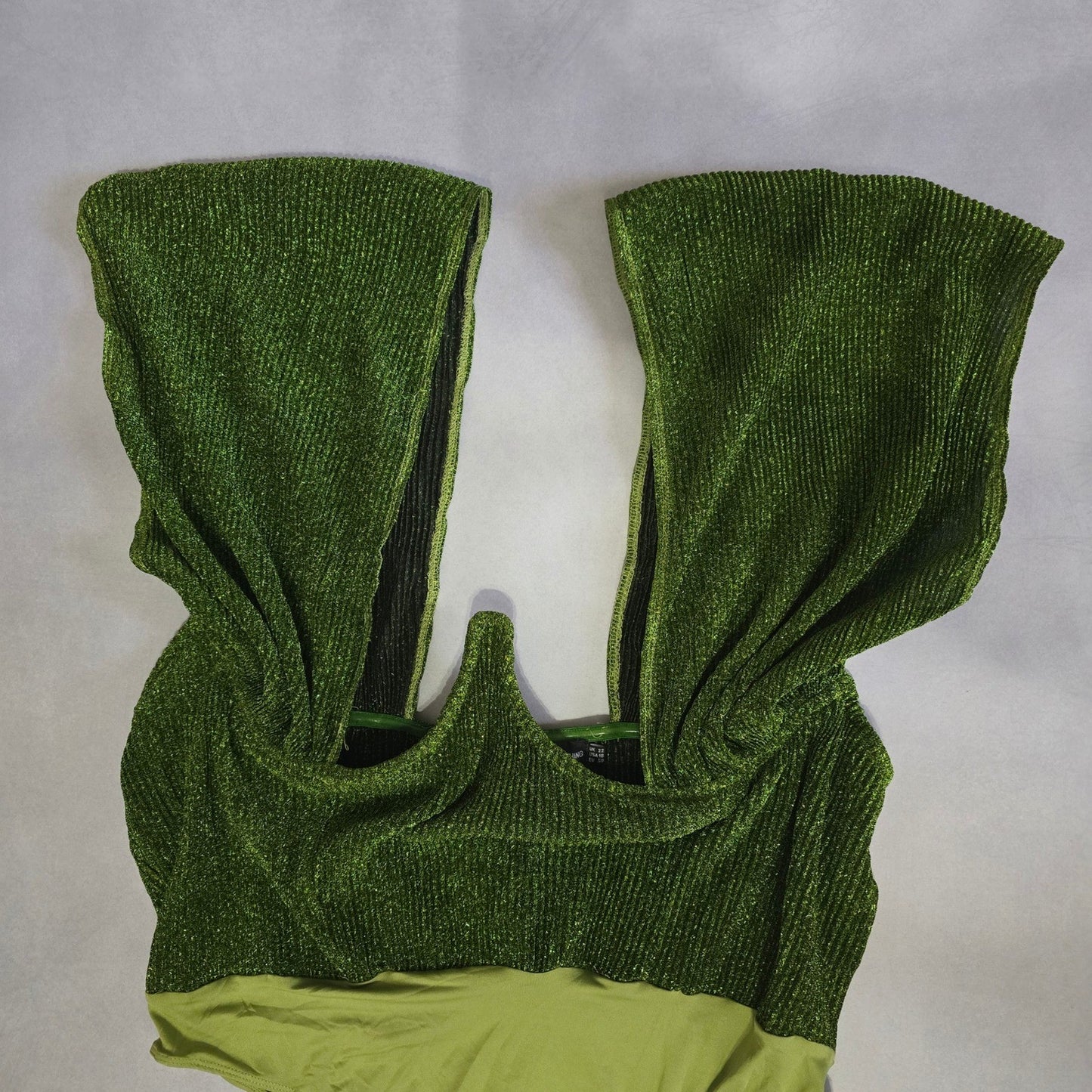 Pretty Little Thing Green Sparkle Plunge V Neck One Piece Bodysuit Top Plus 18