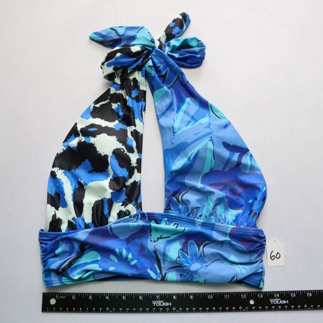 Blue Floral Halter Padded Tie Swim Sports Bra Beach Bralette Bikini Top L Large
