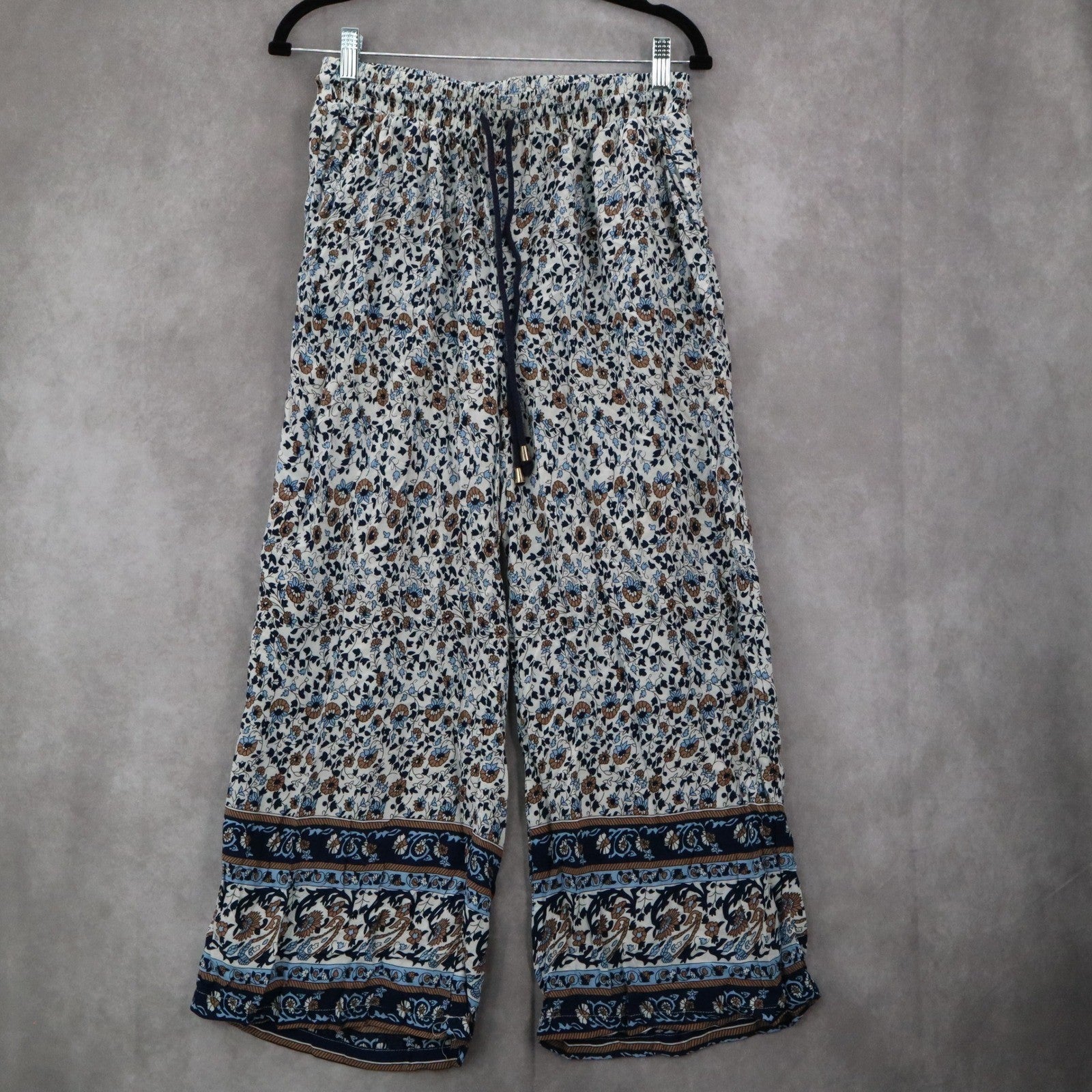 Indero Blue Floral Wide Leg Boho Pull On Straight Leg Trousers Pant L/XL
