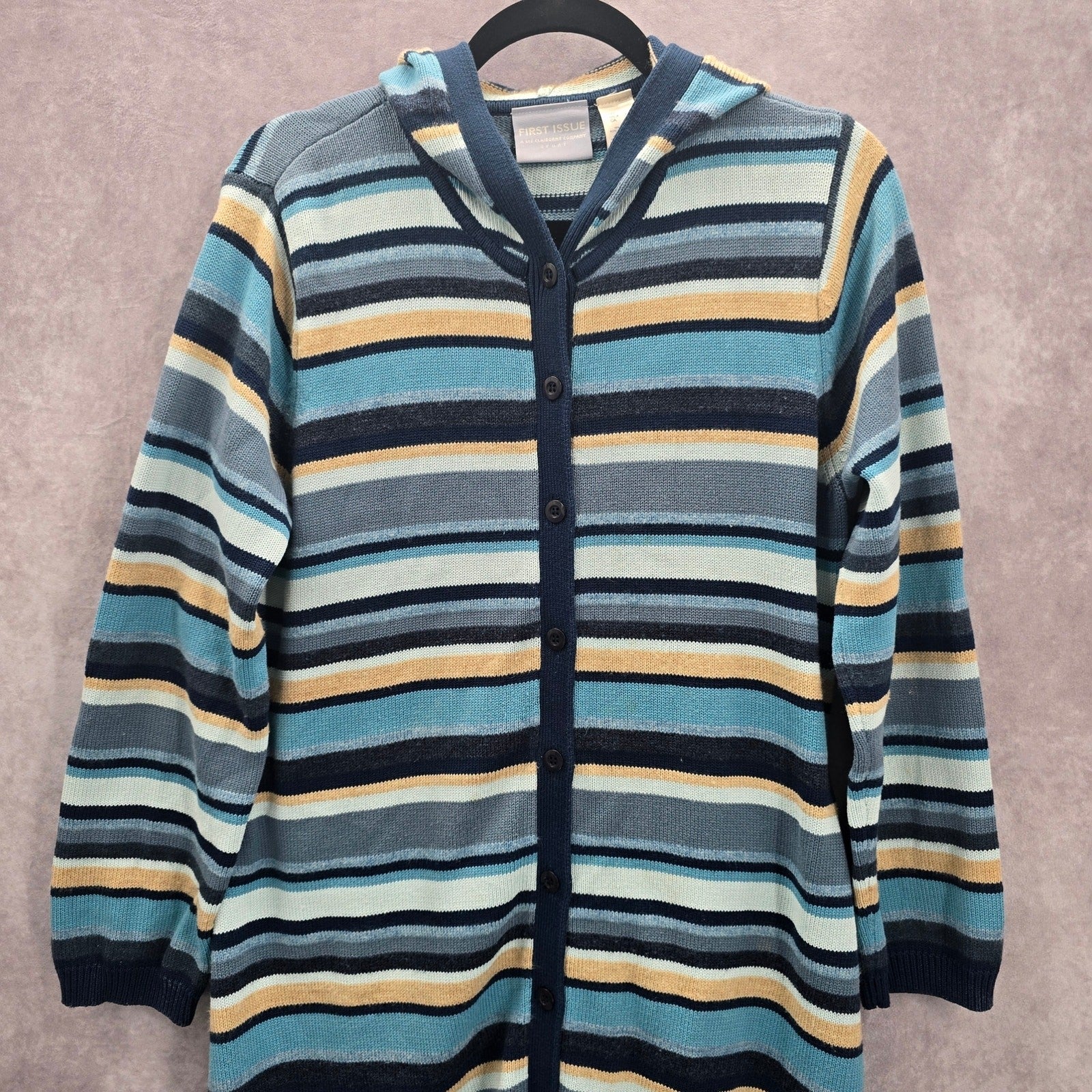 Liz Claiborne Blue Stripe Button Hoodie Knit Long Sweater Cardigan Small