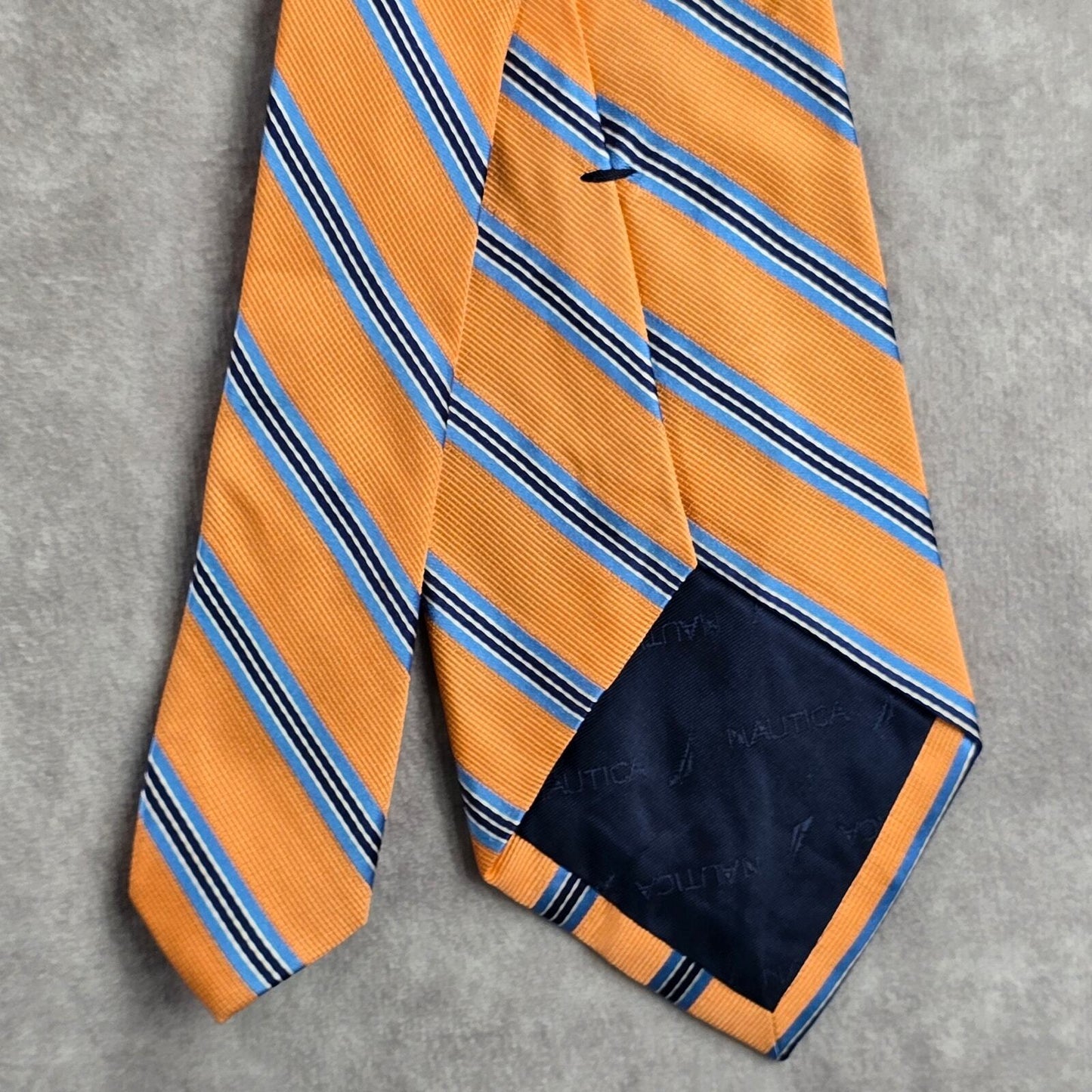 Nautica Orange Blue White Stripe Geometric Executive 100% Silk Mens Neck Tie
