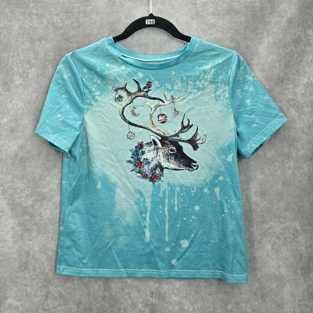 Blue Reindeer Moose Christmas Holoday Festive Print Tshirt Top Small